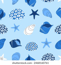 Beautiful coral reefs. Natural seamless pattern with undersea flora and fauna, sea or ocean life. Undersea backdrop with coral, algae, starfish, shells. Flat vector illustration