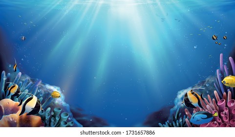 Beautiful coral reefs and tropical fish undersea landscape with sunlight through the ocean, 3d illustration