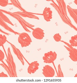 Beautiful coral tulips with butterflies on a seamless pattern