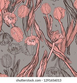 Beautiful coral tulips with butterflies on a seamless pattern