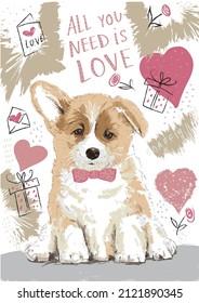 Beautiful corgi puppy in hearts and flowers