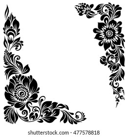 beautiful corner background black and white frame with floral patterns and swirls for design