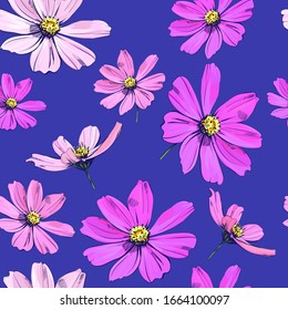 Beautiful cosmea flowers pattern. Vector flowers