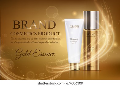 A Beautiful Cosmetic Ads Template, Gold Bottle Hair Oil With White Cosmetic Tube Design On A Gold Shiny Background With Splash And Lighting Flare Effect. Trendy Vector Illustration Of Gold Essence