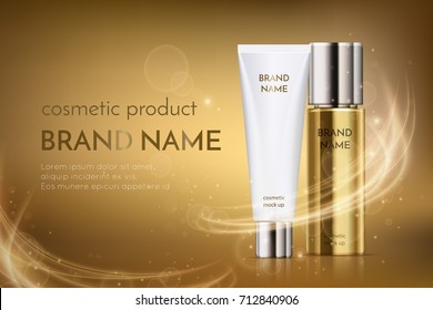 A beautiful cosmetic ads template, golden bottle hair oil with white cosmetic tube design on a gold shiny background with bokeh and lighting flare effect. Luxury brand illustration, vector eps10