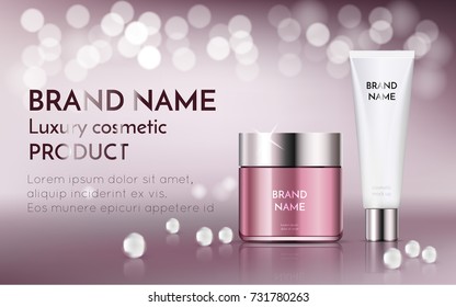 A beautiful cosmetic ads, vector make-up exhibition template, realistic 3d pink jar with white tube for moisturizing cream