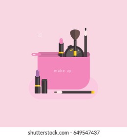 Beautiful cosmetic bag with set of cosmetic. Vector flat illustration.