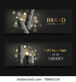A beautiful cosmetic banner or gift voucher, realistic 3d black matte bottle and jar ready for design and print. Modern luxury illustration for advertising.