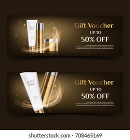 A beautiful cosmetic banner or gift voucher, realistic 3d white tube gold bottle and jar ready for design and print. Modern illustration for advertising.