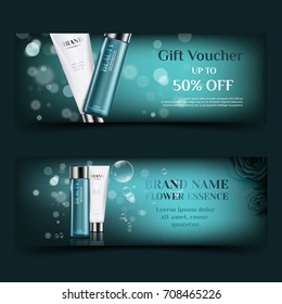 A beautiful cosmetic banner or gift voucher, realistic 3d white tube and blue translucent bottle on background with water bubbles. Modern illustration for advertising.