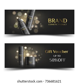 A beautiful cosmetic banner or gift voucher, realistic 3d black matte bottle and jar for spray and cream. Modern luxury illustration for advertising on a white background
