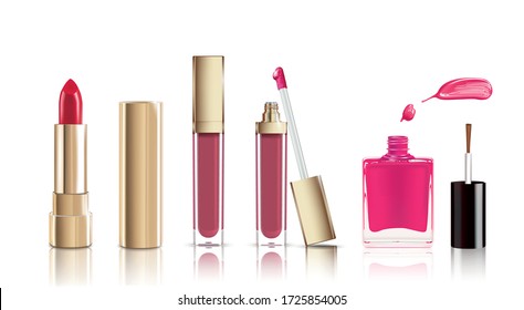 Beautiful cosmetic icons set in gold. lipstick, lip gloss, nail polish with smear, cosmetic eyeliner pelcil and face powder. Makeup realistic vector isolated on white