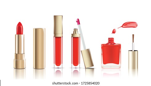 Beautiful cosmetic icons set in gold. lipstick, lip gloss, nail polish with smear, cosmetic eyeliner pelcil and face powder. Makeup realistic vector isolated on white