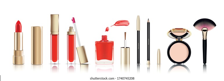 Beautiful cosmetic icons set in gold. lipstick, lip gloss, nail polish with smear, cosmetic eyeliner pelcil and face powder. Makeup realistic vector isolated on white