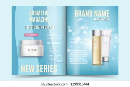 A beautiful cosmetic magazine design, 3d illustration with bottle, tube and jar for moisturizing cream on a blue background with water bubbles