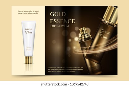 A beautiful cosmetic magazine template, 3d illustration with golden bottle and white tube on a gold background, vector makeup top view