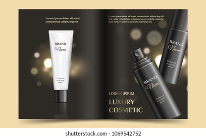 A beautiful cosmetic magazine template, 3d black luxury illustration with bottle and white tube, vector makeup top view