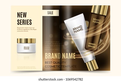 A beautiful cosmetic magazine template, luxury 3d illustration with golden bottle, white tube and jar for moisturizing cream, vector sale makeup top view