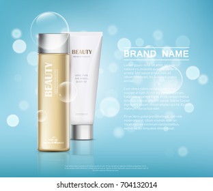 A beautiful cosmetic mock up for ads and design, exhibition of realistic 3d white tube and gold bottle on a light background with water bubbles, moisturizing skin care or hair care