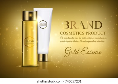 Une belle maquette cosmétique pour les publicités, une bouteille en verre translucide d'huile de cheveux en bouteille dorée et du maquillage en tube blanc pour un produit de qualité supérieure sur fond flou doré