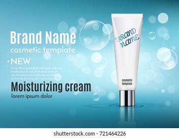 A beautiful cosmetic template for ads, 3d realistic white cosmetic tube design for moisturizing cream on a blue shiny background with water bubbles