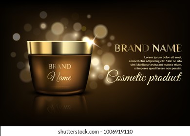 A beautiful cosmetic template for ads design, realistic 3d golden jar for cream on a gold bokeh background