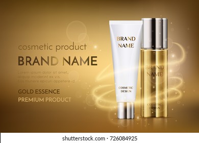 A beautiful cosmetic template for ads, golden bottle hair oil with white cosmetic tube design on a gold shiny background with bokeh and lighting flare effect, eps10. Skin care product