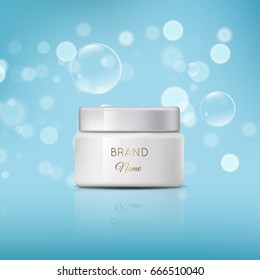 A beautiful cosmetic template for ads, realistic white cosmetic bank for cream on a light blue bokeh background ready for design and print