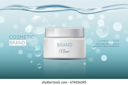 A beautiful cosmetic template for ads, realistic 3d white cosmetic jar on a blue shiny background with water bubbles and bokeh. Hydrating facial lotion. Vector, eps10.