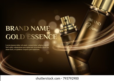 A beautiful cosmetic templates for ads, 3d realistic golden bottle on a gold background with lighting flare effect and bokeh. Trendy makeup illustration.