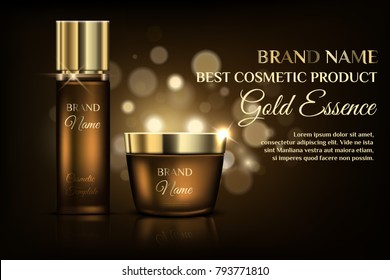A beautiful cosmetic templates for ads design, exhibition from realistic golden bottle and jar on a gold bokeh background