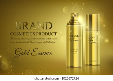 A beautiful cosmetic templates for ads, golden bottle hair oil mockup for premium product on a shiny background. Vector brand illustration