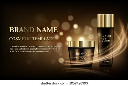 De beaux modèles cosmétiques pour les publicités, une exposition de luxe à partir d'une bouteille et d'un pot transparents réalistes sur fond doré brillant avec effet d'éclairage