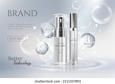 Beautiful Cosmetic Templates For Ads, Realistic 3d White Tube And Silver Bottle On A Light Blue Background With Water Bubbles. Beauty Design For Premium Product