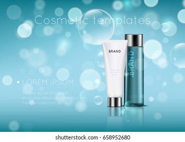 Hermosas plantillas cosméticas para anuncios, un tubo blanco 3d realista y una botella azul translúcida sobre un fondo azul claro de bokeh con burbujas de agua para diseño e impresión. Productos cosméticos de la marca Skin Care.