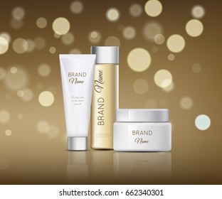 A beautiful cosmetic templates for ads, realistic 3d white tube, cosmetic white bank and cosmetic brown bottle on a light brown bokeh background ready for design and print.