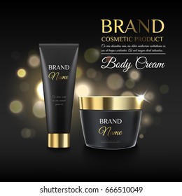 A beautiful cosmetic templates for ads, realistic 3d black matte tube and cosmetic bank ready for design and print. Modern trendy cosmetic illustration for advertising.