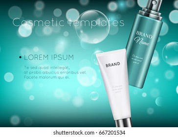 Beautiful cosmetic templates for ads, realistic 3d white cosmetic tube and blue bottle on a blue bokeh background with water bubbles ready for design and print