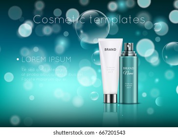 A beautiful cosmetic templates for ads, realistic 3d white tube and blue bottle on a blue bokeh background with water bubbles ready for design and print. Trendy cosmetic illustration