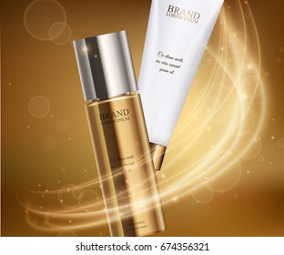 A beautiful cosmetic templates for ads, realistic white tube and golden bottle on a shiny bokeh background.