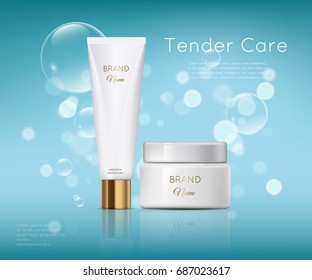 A beautiful cosmetic templates for ads, realistic white gold tube with and jar on a light blue background with water bubbles and bokeh ready for design and print.