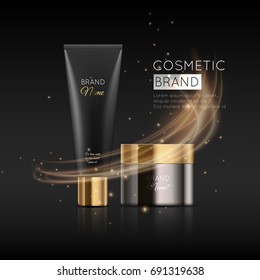 A beautiful cosmetic templates for ads, realistic 3d black matte tube and cosmetic jar for skin care cream. Or Makeup magazine template with hair care products. Vector brand illustration