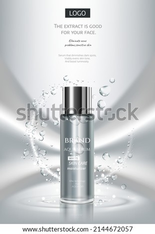Beautiful cosmetic templates for ads, realistic 3d white tube and silver bottle on a light blue background with water bubbles. Beauty design for premium product