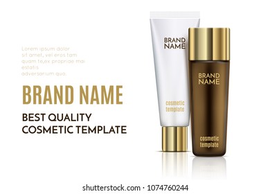 A beautiful cosmetic templates for ads, Skin care products, golden bottle and white tube for hair oil or moisturizing cream isolated on white background