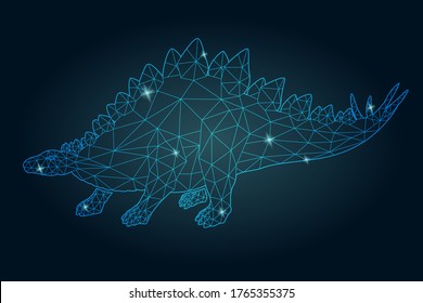 Beautiful cosmic low poly illustration with shiny blue stegosaurus silhouette on the dark background svg