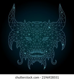Beautiful cosmic low poly illustration with blue shiny demon head silhouette on the dark background