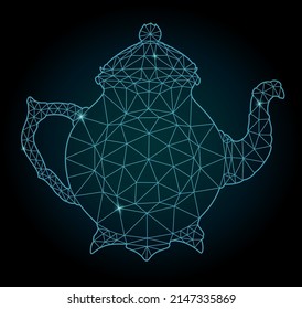 Beautiful cosmic low poly vector illustration with colorful blue starry ancient teapot shape on the dark background