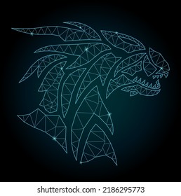 Beautiful cosmic low poly vector illustration with colorful blue decorative shiny dragon head on the dark background