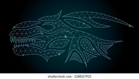 Beautiful cosmic low poly vector fantasy illustration with blue decorative shiny dragon head isolated on the dark background