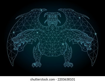 Beautiful cosmic low poly vector illustration with colorful blue shiny decorative three headed dragon on the dark background